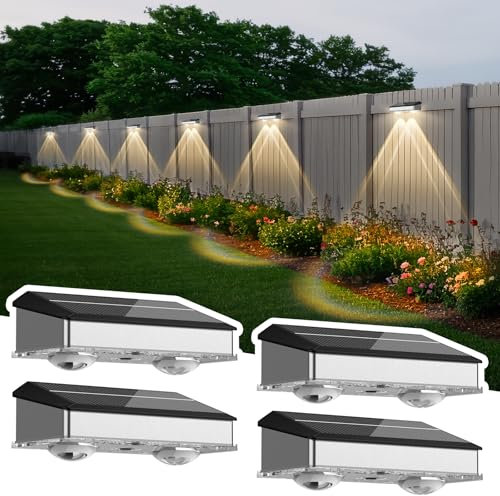 Bzavor 4 Stück Solarlampen für Außen Wand, Solar Wandleuchte aussen, Doppelstabmattenzaun Beleuchtung IP65 Solar Wandleuchte für Aussen Garten, LED Gartenlampen,Zaun beleuchtung