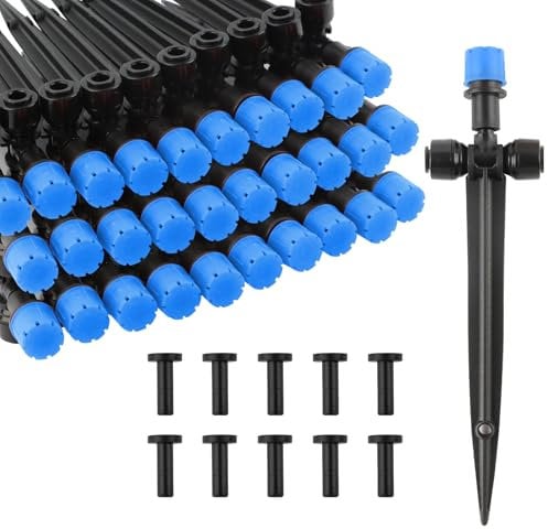 Kalolary 30 Pcs Drip Irrigation Emitters with Stake, Push-to-Fit Adjustable Irrigation Dripper for 1/4 inch Irrigation Tubing, Irrigation Dripper Sprinkler for Drip Irrigation System (8 Holes, Blue)