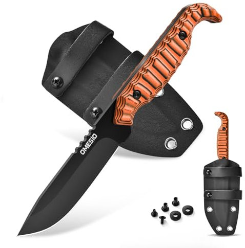 Omesio Outdoor Survival Knife M-FT15, D2 Acier Plein Tang Avec Kydex Fourreau Avec Couteau, 9cm Longueur De Lame Petit Couteau De Chasse, Lame Noire, Orange G10 Manche Bicolore