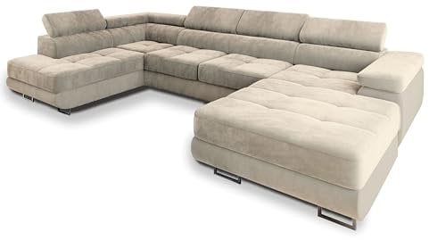 Masseno Ecksofa CASONE L-S mit Schlaffunktion U-Form, Sofa mit Bettkasten, Wohnzimmersofa, Couch, Soffa, Bettsofa, Couchgarnitur- Creme, Monolith 04