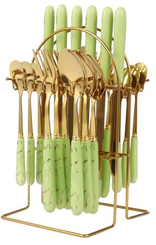 24-Piece Cutlery Set with Hanging Stand – Stainless Steel Flatware Service for 6 (6 Knives, Forks, Spoons, Teaspoons) – Elegant Ceramic-Handle Dining Set for Home, Restaurant (Gold+ Green)