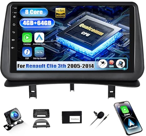 SIXWIN Qualcomm 8 Core 4+64G Android 15 Autoradio mit CarPlay/Android Auto/DSP für Renault Clio 3 2005-2014,1280 * 720,HD 9 Zoll Touchscreen mit WiFi6 GPS Bluetooth FM/RDS EQ+Rückfahrkamera