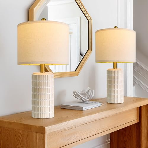 PoKat 20.75 Small Modern Ceramic Table Lamps Set of 2 for Bedroom, White Bedside Lamps for Night Stands, Farmhouse Desk Decor Gift Nightstand Table Lamps for Living Room End Table Beige
