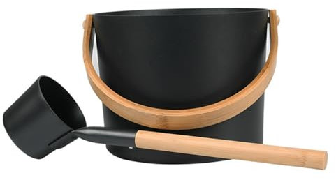 Set di secchio e mestolo per sauna, 7 litri, grande secchio in alluminio per sauna con cucchiaio lungo manico in legno, accessori per doccia SPA, set di accessori per saune domestiche (colore: nero)