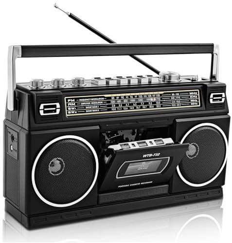 Vintage Classic 80s Style Portable Stereo Boombox with Cassette Player Recorder, Bluetooth, AM/FM/SW Radio, 24W Dual Full-Range High Bass Speakers, USB/SD Card Slots