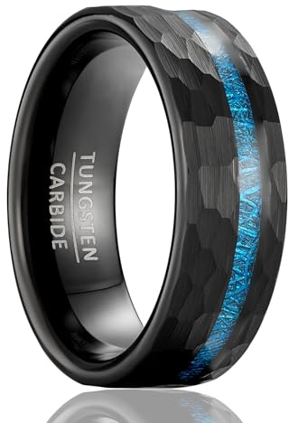 SOXEMAN Herren 8 mm breiter gehämmerter Wolfram-Hochzeitsring mit gewebter blauer Fasereinlage (US-Größen) | Schwarz mit Blau | US-Größe 10 (62,2 mm)