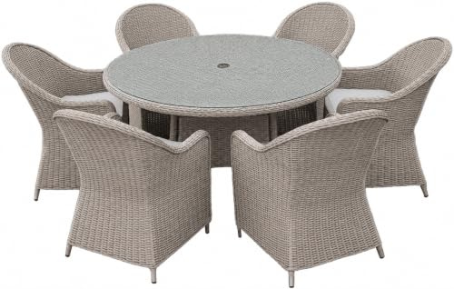 SHATCHI 6 Seater Sorrento Rattan Dining Set 7 Piece with Glass Top Table | 6 Chairs with Cushions, Glass Top Dining Table, Garden Lounge and Balcony Dining Furniture for Outdoor Seating