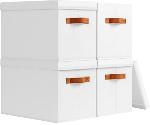 Fabric Storage Boxes with Lids - 4 Pack Stackable Wardrobe Organiser White | Collapsible Baskets Bin with Handles, Dustproof Spaces-saving Containers for Bedroom, Shelf, Loft, Office, Utility room, Dorm