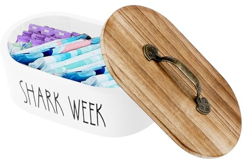 Fyeme Tampon Aufbewahrung Holz mit Abdeckung Griff Damen Zubehör Caddy Bewegen Badezimmer Zubehörbox für Tampons Kosmetik Wattebällchen (Weiß)