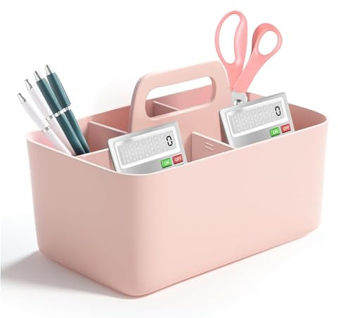 Korb Organizer mit Griff, 25 x 15,3 x 17 cm Mehrzweck Korb Organizer, Mehrzweck Kunststoffkorb mit 5 Fächer, Stapelbarer Reinigungskorb, Kunststoffkorb, für Make up, Bürobedarf, Rosa