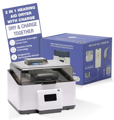Redux Ultra Dry & Charge Hearing Aid Dryer Dehumidifier | Heatless Moisture Removal, Charging Port for Rechargeable Hearing Aids, Earbuds,Small Electronics, Quiet Nightstand Operation