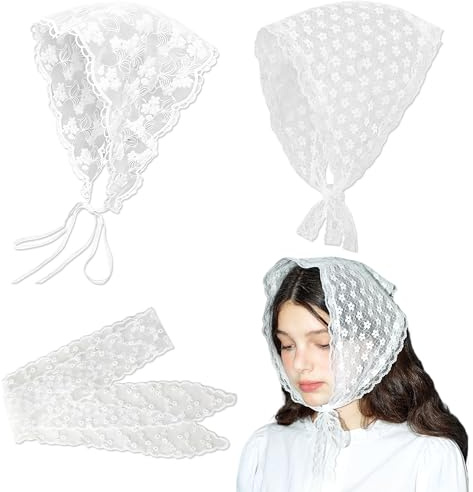 PYSEOSISE Weißes Blumen Spitzen Kopftuch, 3 Stück Spitzen Bandana Damen, Vintage Bandana Kopftuch Eleganter Dreieckstuch Lace Headscarf für Damen Haaraccessoires