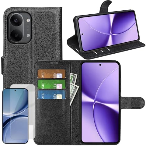 Wigento Klapphülle Schutzglas Set für Xiaomi Poco X8 Pro Max 5G, Kunstleder Wallet Hülle, Kartenfach, Standfunktion, 9H Displayschutz Glas Handyhülle (Schwarz)