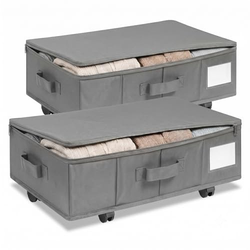 MIUUIPI Commode de rangement sous le lit avec roulettes 360° de rotation, 2 pièces XXL avec boîte de rangement avec couvercle, Sac de rangement pliable pour vêtements, boîte de rangement sous le lit