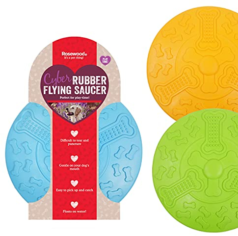 Rosewood Cyber Rubber Flying Saucer Frisbee for Dogs - Tough, Lightweight, Interactive Dog Toy for Active Play and Fetch - Non-Toxic Rubber - Floats on Water - Assorted Colours (1pc, Large)