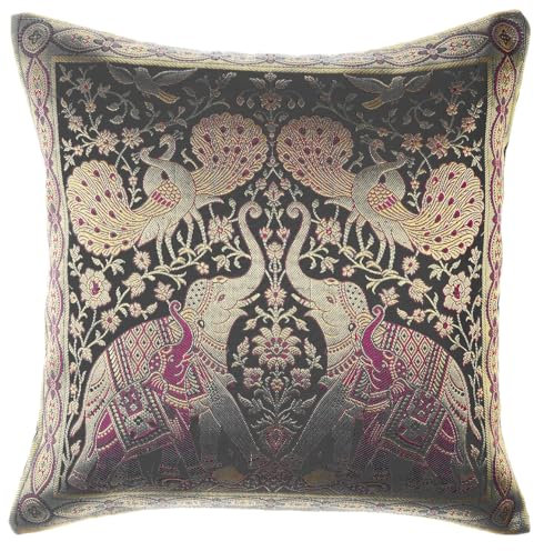 Avarada 40 x 40 cm Kissenbezug, indischer Stil, Elefant, Pfau, dekorativer Kissenbezug für Sofa Couch Stuhl Bett, Kissen nicht enthalten, Reißverschluss, Textil, schwarz, 16x16