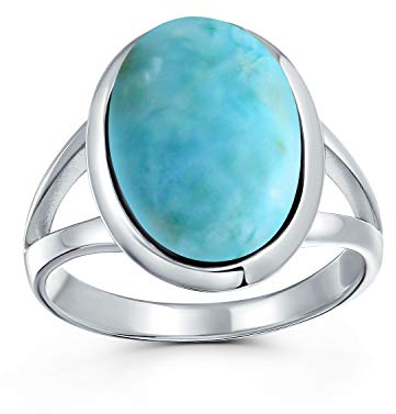Bling Jewelry Einfacher Großer Ovaler Lünetten-Boho-Mode-Statement-Ring Aus Blauem Larimar Für Frauen Für Jugendlich Geteiltes Band .925 Sterlingsilber