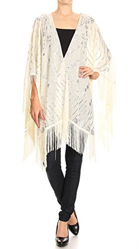 ANNA-KACI Damen Boho Perlen Pailletten Troddel Quaste Fransen Umhang Kimono Poncho Capes