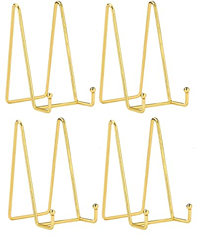 HCHLQLZ Lot de 4 Métal Or chevalets Porte Assiette Présentoirs Décoratifs en pour Photo, Cadres pour Image, Assiettes décoratives, Tableaux et pièces d’Art-6x3