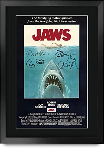 HWC Trading Jaws A3 Gerahmte Signiert Gedruckt Autogramme Bild Druck-Fotoanzeige Geschenk Für Rob Scheider Robert Shaw Richard Dreyfuss Filmfans