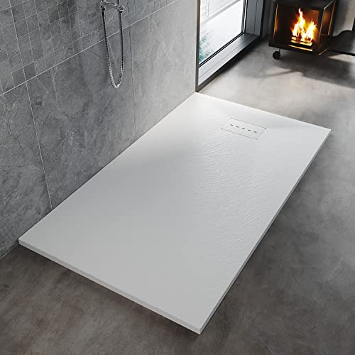 ELEGANT 1400x900mm White Slate Effect Lightweight Slate Shower Base Rectangular Grain Shower Enclosure Tray with Waste Trap