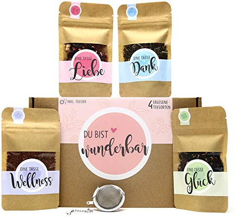 OWLBOOK® Tee Geschenkset Du bist Wunderbar | Tee Geschenke für Frauen als Geburtstagsgeschenk Muttertagsgeschenke | Teebox mit 4 Teesorten & Tee-Ei