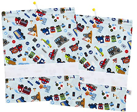 Filet - Set 2 Sacchetti Asilo in cotone 100% con stampa Macchinine | Inserto in Tela Aida da Ricamare | Made in Italy | 42 x 34 cm | Ideali per il cambio, per le scarpe, per lo sport