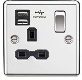 13A 1G Switched Socket Dual USB Charger Slots with Black Insert - Rounded Edge Polished Chrome