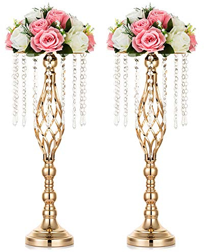 Nuptio Alzata Fiori Dorata Matrimonio: 2 Pezzi 55cm Alto Vaso Centrotavola Alzate Fiori Metallo Cristallo Supporto Vasi Oro Festa di Compleanno Anniversario Cerimonia Decorazioni