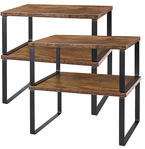 CADUKE JS Nova JUNS Juego de 4 estantes para mostrador, Cocina, Armario apilable, estantería, Organizador de Madera, estantes Extensibles para mostrador, Organizador de mostrador de baño marrón