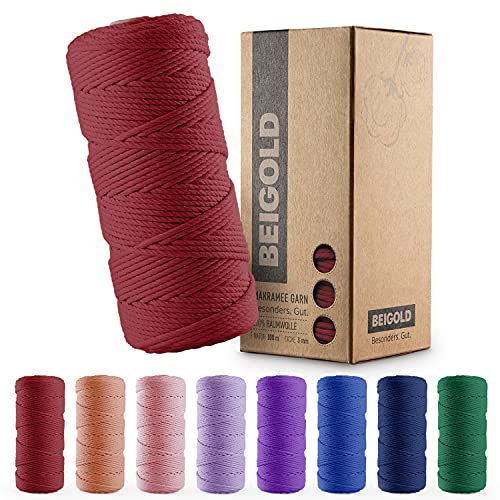 BEIGOLD® Premium Makramee Garn 3mm x 100m - Makramee Weinrot - Baumwollgarn Mischgarn zum Knüpfen von Macrame - Rope Garn - Makramee-Garn aus Baumwolle für Kunst DIY Handwerk