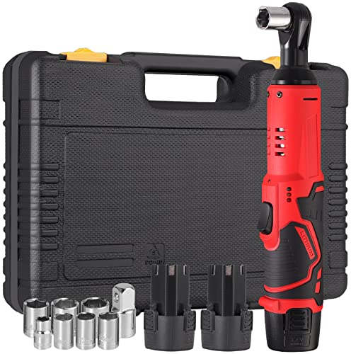 JUSTOOL 12V Chiave a Cricchetto Elettrica Senza Fili 3/8 Coppia 33 Ft-lbs Kit Chiave ad Angolo Retto con Rapido Caricatore Trigger Velocità Variabile Chiave a Batterie 1500mAh con Prese e Adattatore