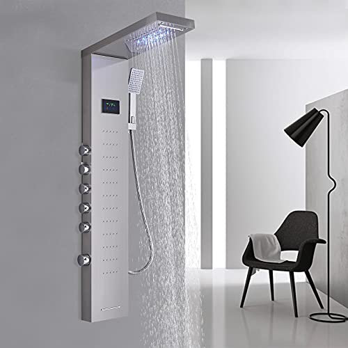 TVTIUO LED Pannello doccia Set Sistema Doccia in 304 Acciaio Inox,Colonna Doccia Idromassaggio con doccetta,doccia a cascata,Miscelatore Vasca Da Bagno,Display LCD,Spazzolato