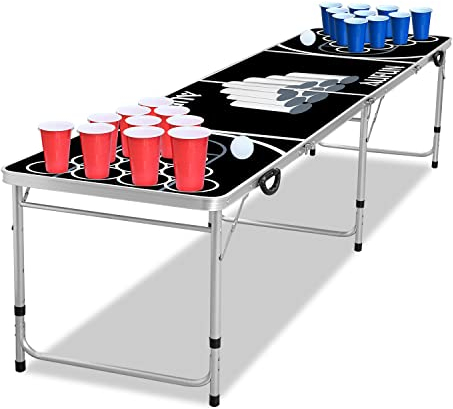 AufuN Beer Pong - Set da tavolo per adulti, con 6 palline e 100 bicchieri, altezza regolabile, tavolo pieghevole in alluminio e MDF, colore: nero
