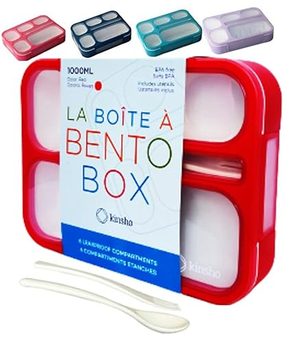 kinsho Bento Box Kinder Lunchbox | Kid Snack Behälter | Auslaufsichere Schule Bentobox 6 Fächer Behälter für Jungen Mädchen Erwachsene Mittagessen inkl. Utensilien | Rot