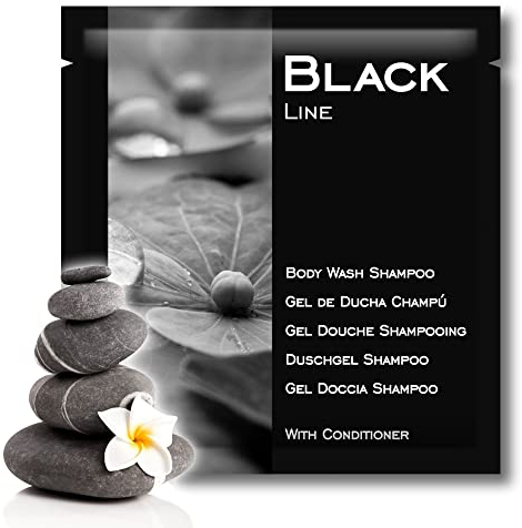 GPQ - Duschgel/Shampoo 2in1 BLACK Line | 400 Einheiten x 8 Gr. | Hotelaustattung | Mit Conditioner, Parabenfrei | Für Hotels, Landhäuser, Appartements, B&B | Made in Spain