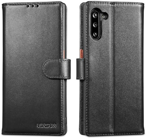 LENSUN Echtleder Hülle für Samsung Galaxy Note 10, Handyhülle [Echtes Leder] [Standfunktion] [RFID Schutz] Handytasche Lederhülle für Samsung Galaxy Note 10 - Schwarz