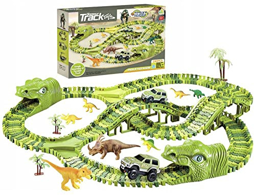 MalPlay Mega Kit de piste de course XXXL Dino Park avec 240 EL- Jurassic Circuit à monter soi-même + 2 voitures