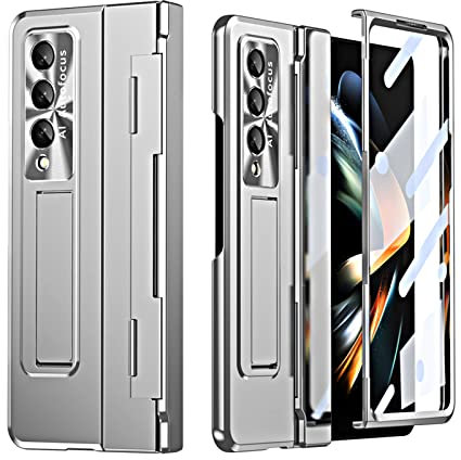 Miimall for Samsung Galaxy Z Fold 4 Case with Hinge Protection, [Built-in Front Screen Protector][Camera Lens Protector] [Kickstand], Hard PC Anti-Drop All-Inclusive Cover for Z Fold 4-Silver