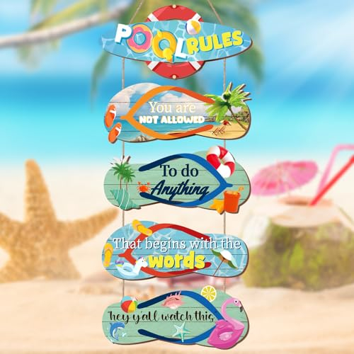 Set mit 5 Pool-Schildern und Dekoration, Outdoor-Holz-Pool-Regeln, Schilder, Holz-Sommer-Wandbehang, Dekoration, Flip Flop, hängend, Bauernhaus, Outdoor-Dekorationen für Schwimmbad-Dekoration