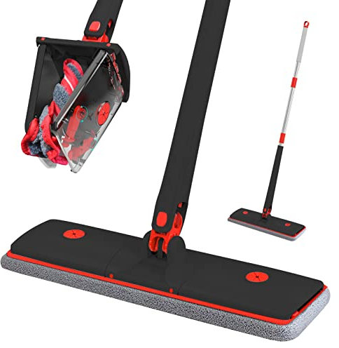 mocio piatto con funzione strizzante, pulitore per pavimenti con 1 panno in microfibra, girevole a 360°, per legno duro, laminato, pavimento piastrellato, parete (nero)
