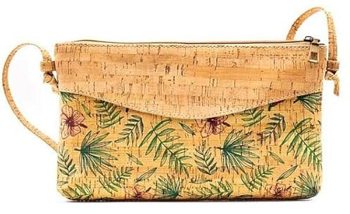Tasche/Umhängetasche/Schultertasche für Damen, aus Kork, vegan, vintage, aus Portugal, elegant, Muster Blätter
