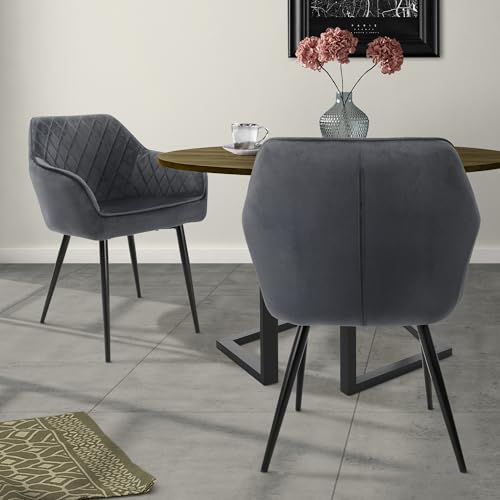 ML-Design 2er Set Esszimmerstühle mit Armlehne und Rückenlehne, Anthrazit, Küchenstuhl mit Samtbezug, Polsterstuhl mit Metallbeinen, Ergonomischer Stuhl für Esstisch, Esszimmerstuhl Wohnzimmerstuhl