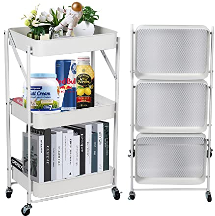ECRIZA Küchenwagen Servierwagen Badregal Organizer Regal auf Rädern Rollwagen Küchenregal klappbar Allzweckwagen für Küche Badezimmer Bad und Büro mit 3 Ebenen (Weiss)