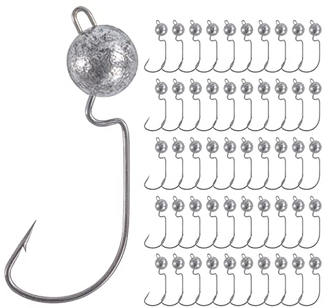 Goture 50 Stück Angelhakenset Jigköpfe 7g, Wurmhaken, Scharfen Jighaken Dropshot Haken für Gummifische, Karpfen Bleikopf Angelhaken Offset Angelhaken, Jigkopf Set, Jighaken Set