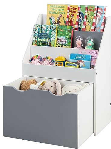 HOMASIS Bücherregal für Kinder mit 3 Fächern, Kinderregal aus Holz mit Schublade & Rollen, Aufbewahrungsregal für Büchern & Spielzeug, Spielzeugkiste aus Holz für Kinderzimmer, 50x28x70cm, Grau+Weiß
