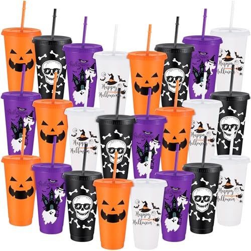 Umigy 24 Pcs Halloween Plastic Cups with Lids and Straws 4 Styles Pumpkin Ghost Skull Bat Tumblers Reusable Halloween Party Cups for Kids Adults Birthday Party Favors Supplies