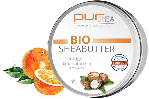 purSHEA - Bio Sheabutter - 100% naturrein - samtigweiche Konsistenz - reichhaltige Hautpflege in Bio Qualität- Plastikfrei - 250ml (Orange)