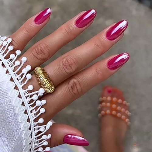 Oval False Nails, 24Pcs Rose Red Mirror Fake Nails, Metallic Press on Nails, Almond Cat Eye Nail Tips with Nail Glue, Acrylic Stick on Nail for Women Girls Nails Art