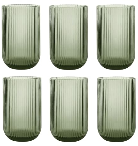 6er-Set Geriffelte Trinkgläser und Weingläser, Line, Linie Geriffelt, Ribbed, Glas, Longdrinkgläser, Cocktail Gläser mit Prägung, Trinkglas, Weinglas, Wasserglas (Grün Trinkglas)